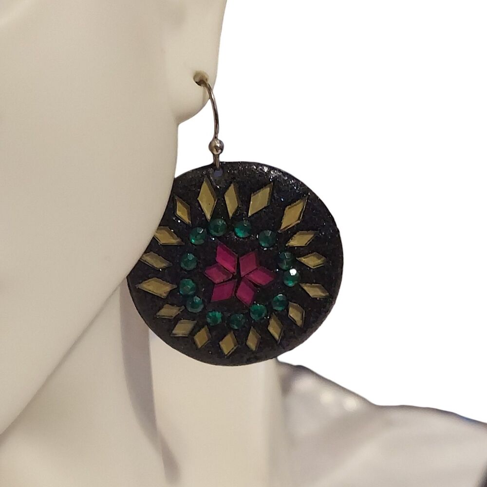 Round Earrings Mirrors Burgundy Green Hooks Metal Backing 1 1/2"